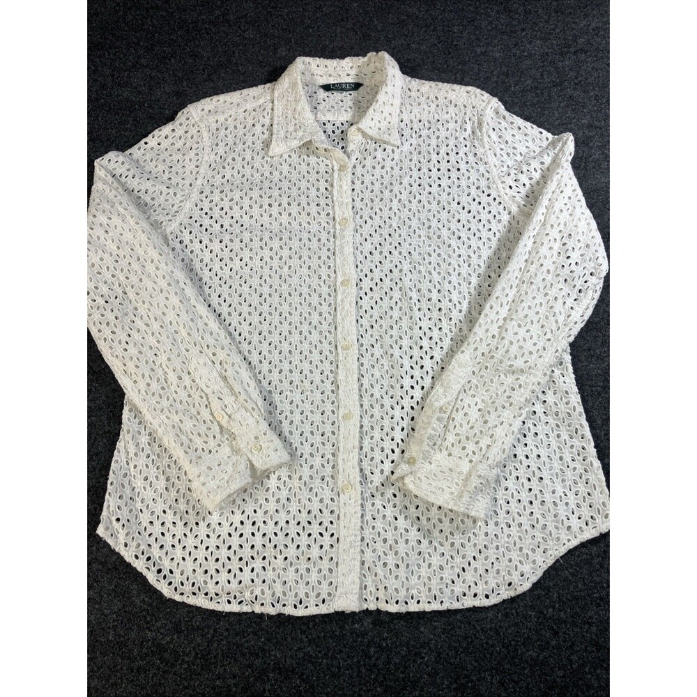 Lauren Ralph Lauren White Cotton Eyelet Lace Button Down Blouse Shirt Sz L